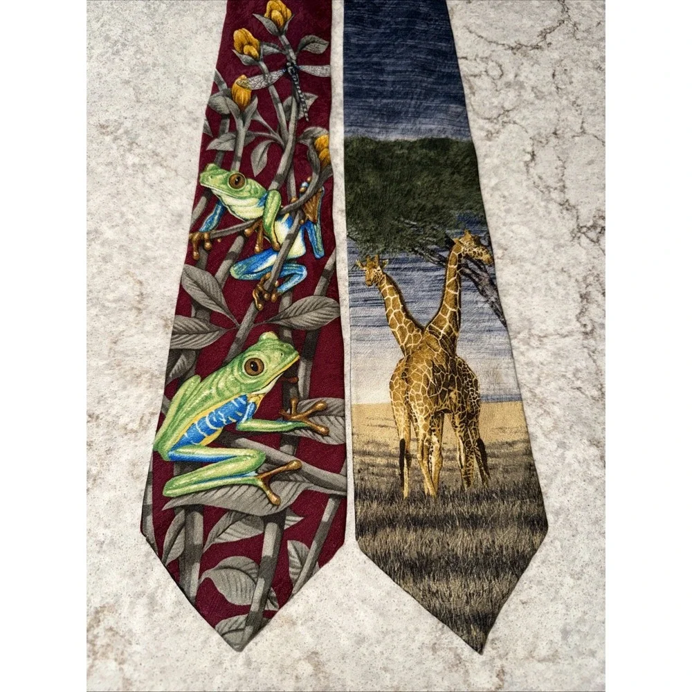 2 Vintage Endangered Species 90's Wild Animal Silk Tie Giraffe Frog Colorful